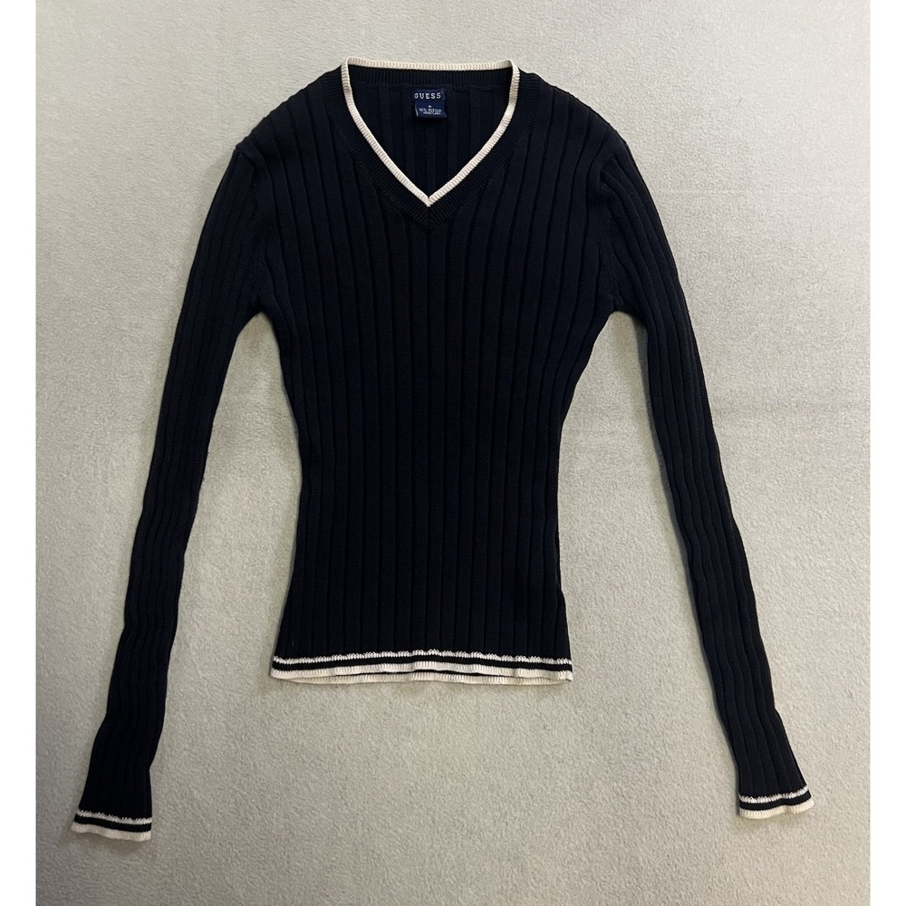 Vintage Guess Cable Ribbed Knit Sweater Women's Size Small Blue Long Sleeve Y2K